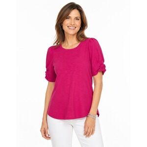 Chicos Womens Magenta Pink Knit Puff Shoulder Elbow Sleeve Tee Shirt Size XS